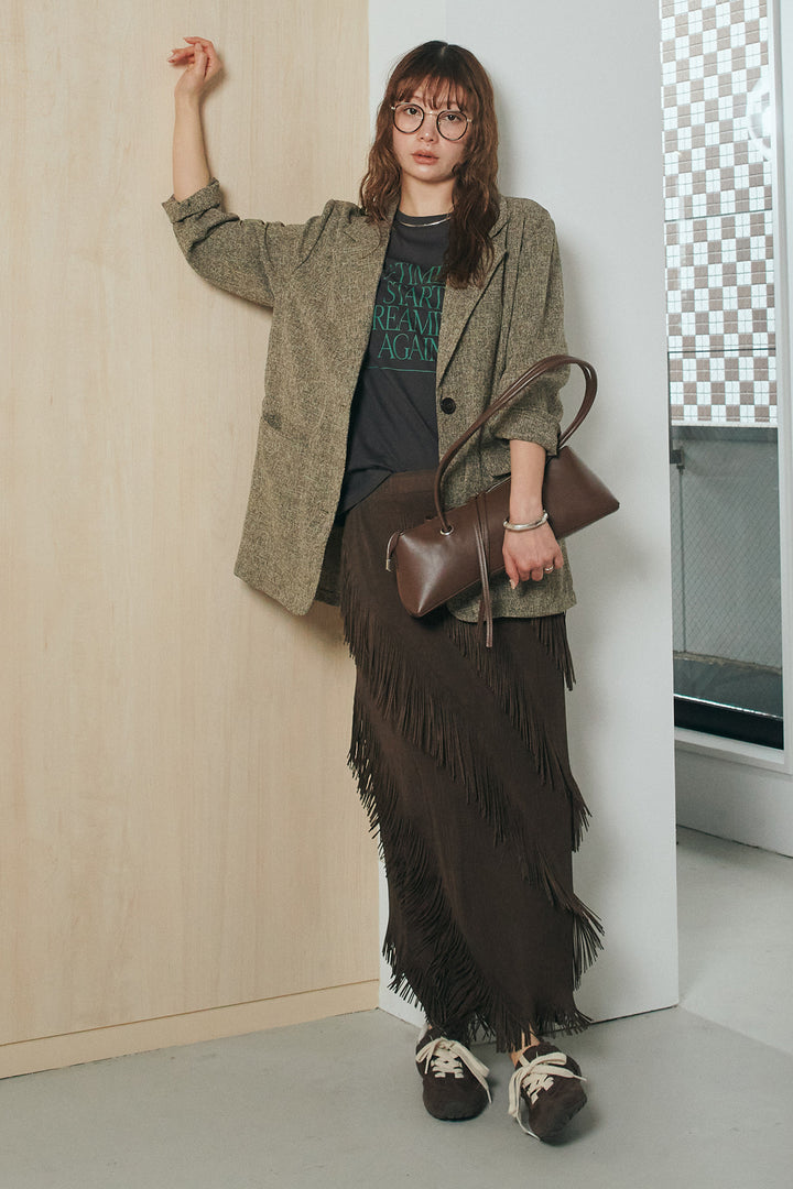 [SET]ミックスツイードベルト付きジャケット+斜めフリンジデザインスカート(2set)