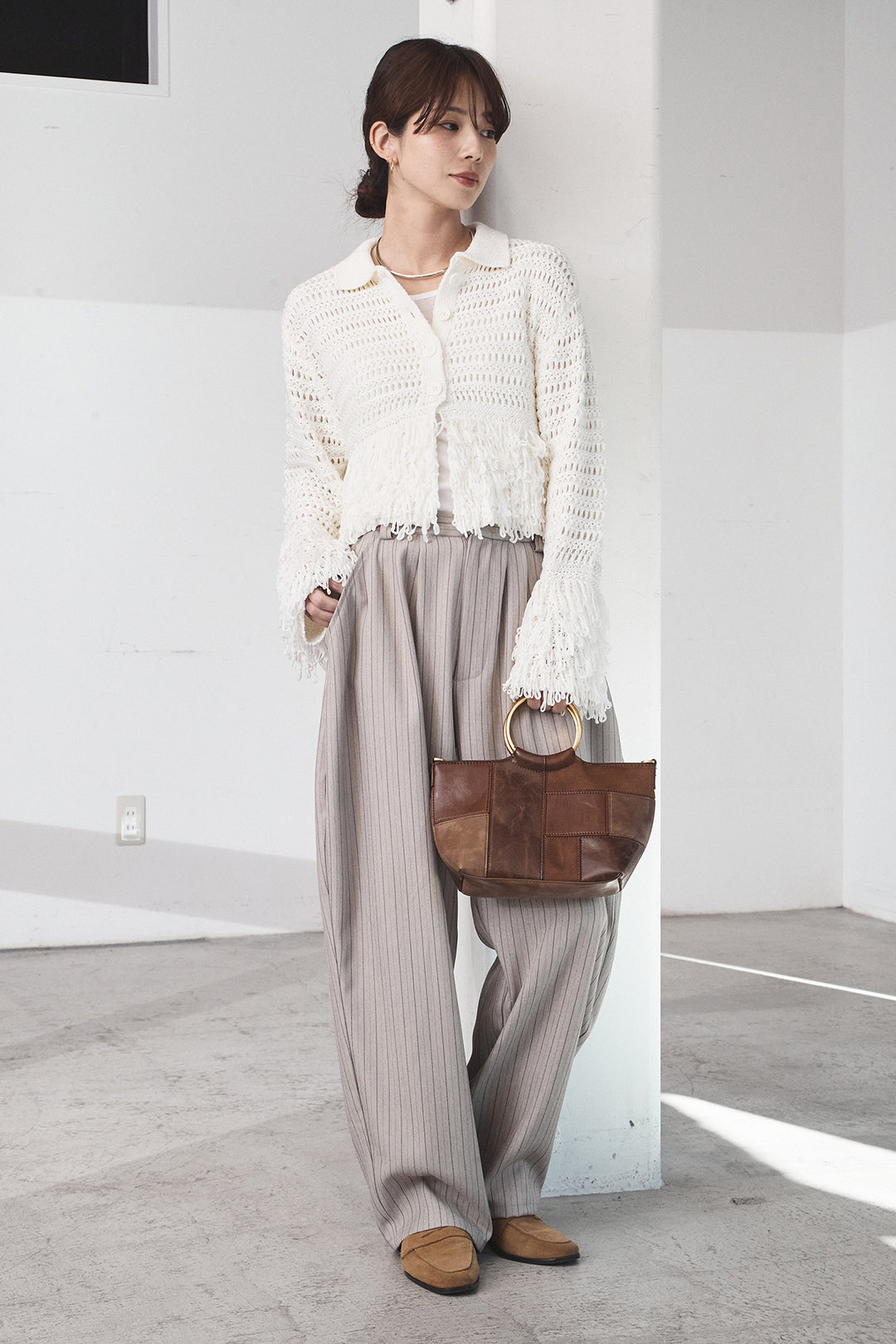 [SET]メッシュフリンジカーディガン+ヘリンボーンストライプツータックパンツ(2set)