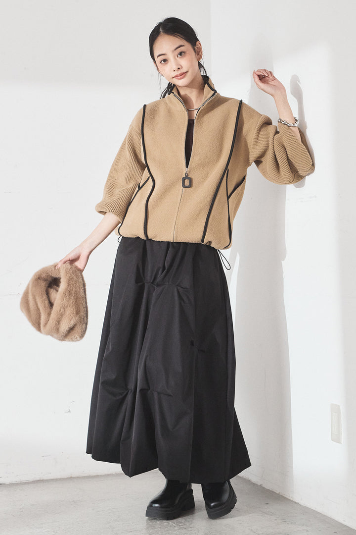 [SET]ハイネックパイピングデザインブルゾン+ランダムタックバルーンスカート(2set)