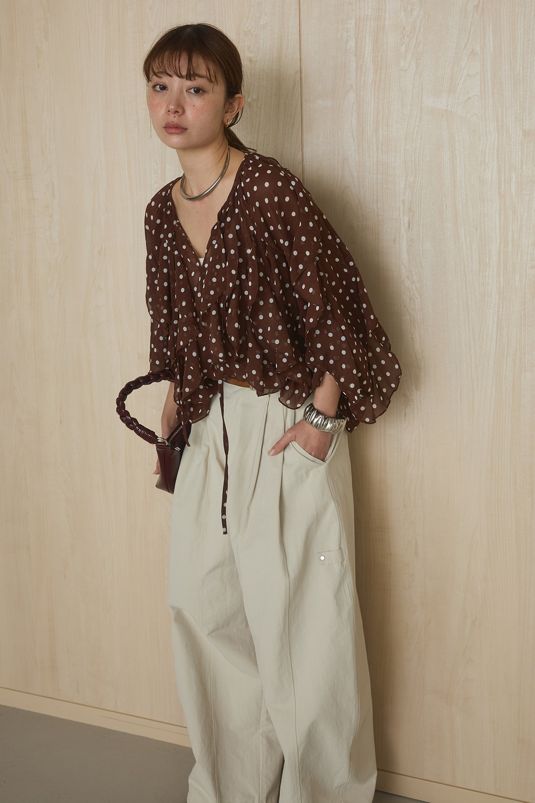 [SET]ドットフリル長袖ブラウス+コットンポリツータックセンターシームカーブパンツ(2set)
