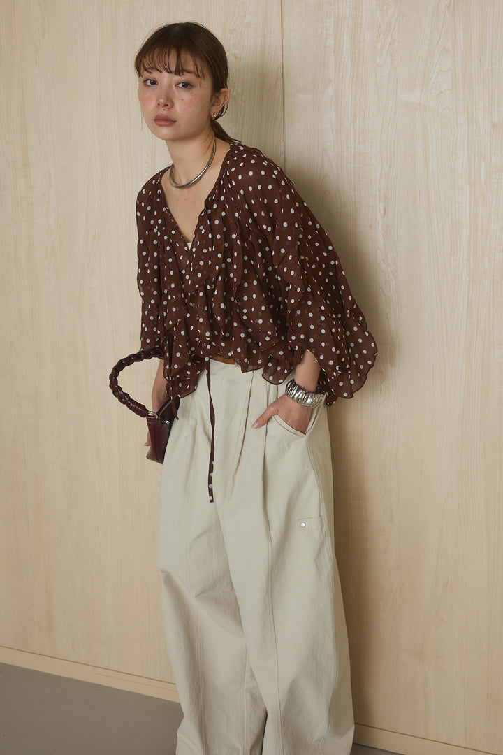 [SET]ドットフリル長袖ブラウス+コットンポリツータックセンターシームカーブパンツ(2set)