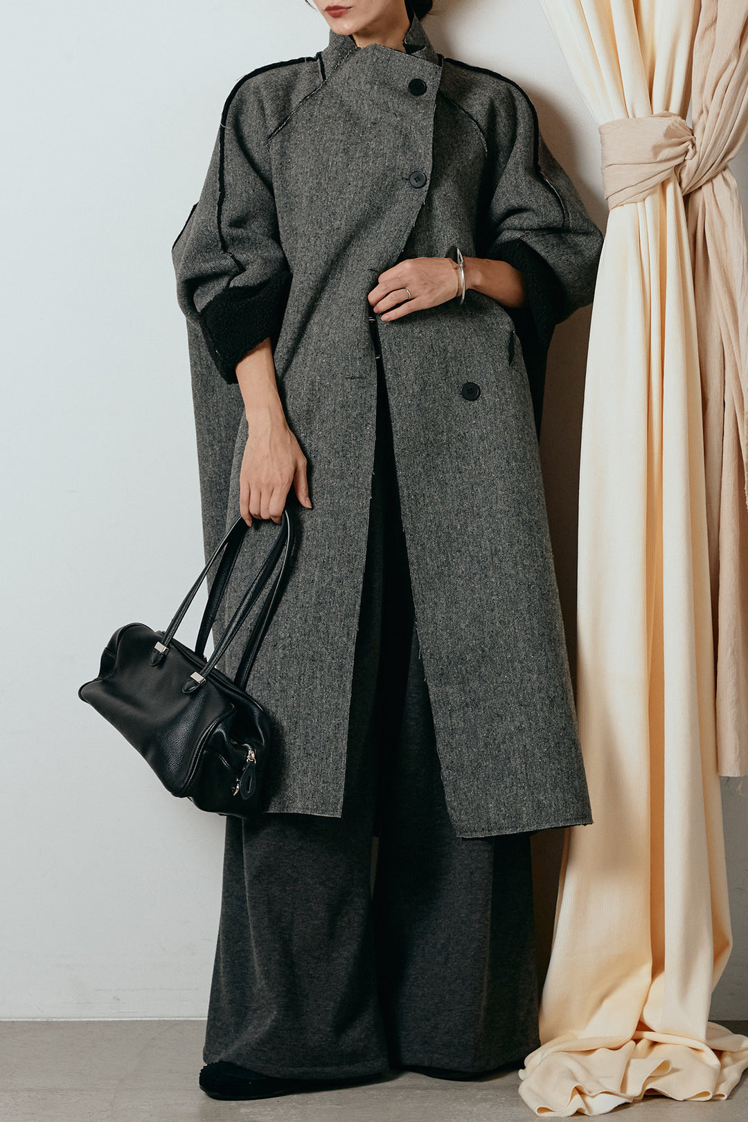 [SET]裏地ボアハイネックロングアウター+フェイクレザー太ベルト付きタックワイドパンツ(2set)