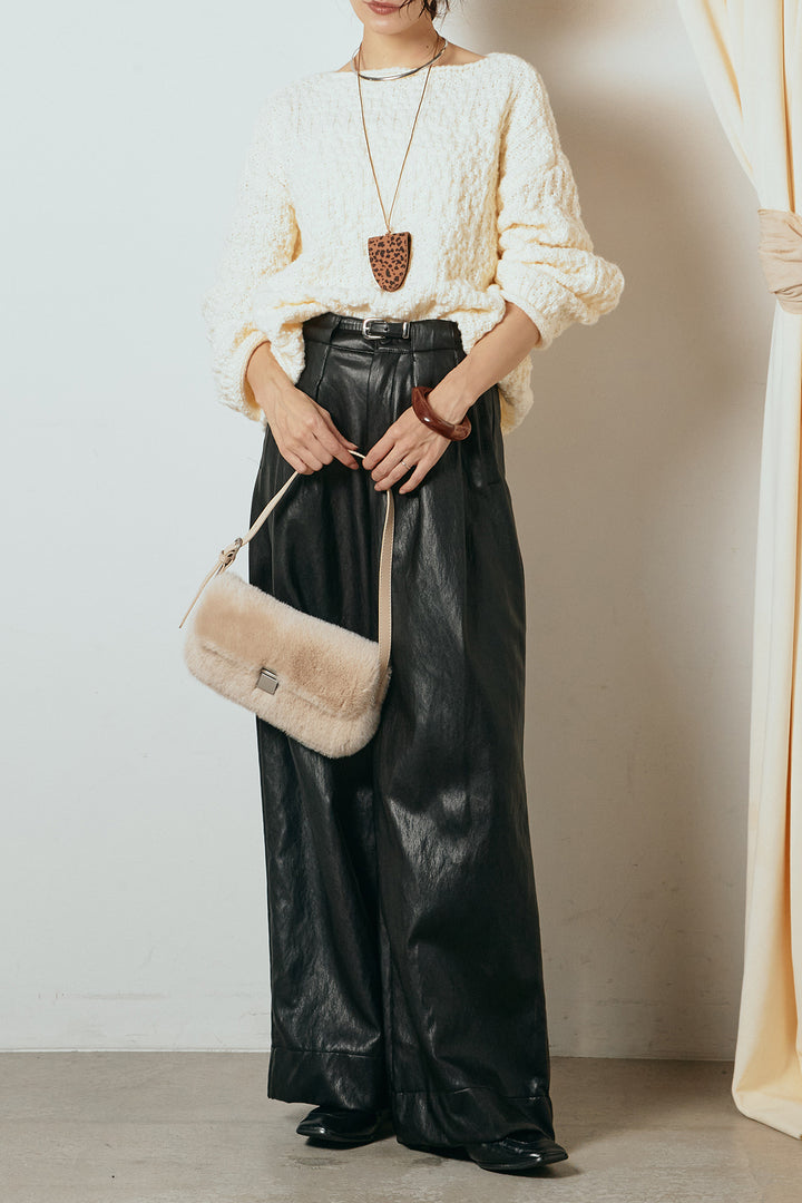 [SET]ボリューム編みニットプルオーバー+ベルト付きレザーライクタックパンツ(2set)