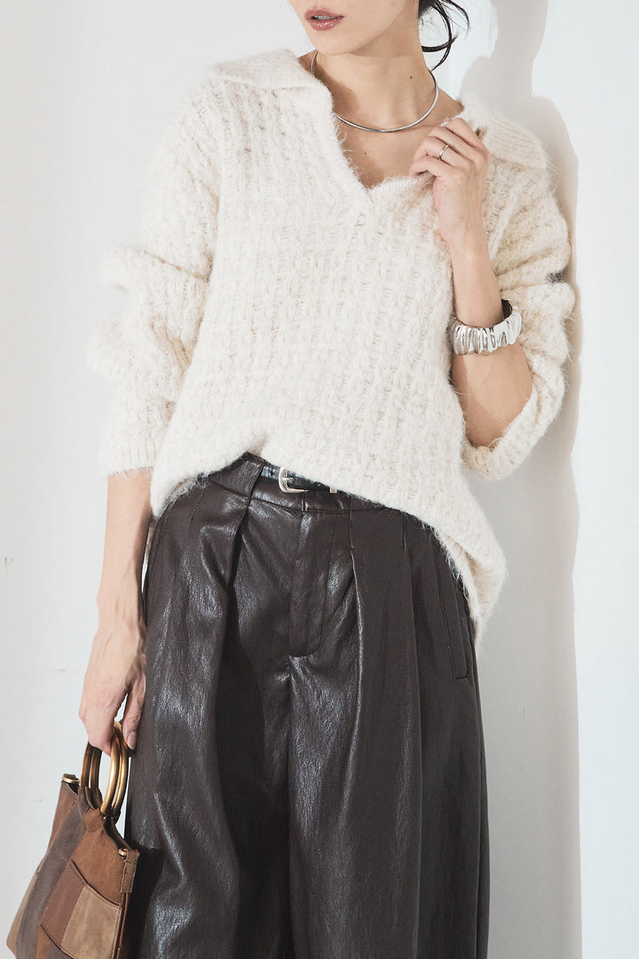 [SET]襟付きVネックニットトップス+ベルト付きレザーライクタックパンツ(2set)