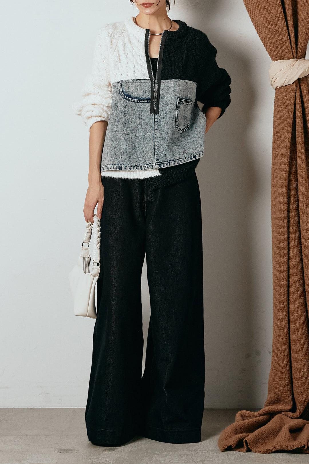 [SET]ハーフジップニットデニムドッキングトップス+ウエストダブルボタンワイドデニムパンツ(2set)