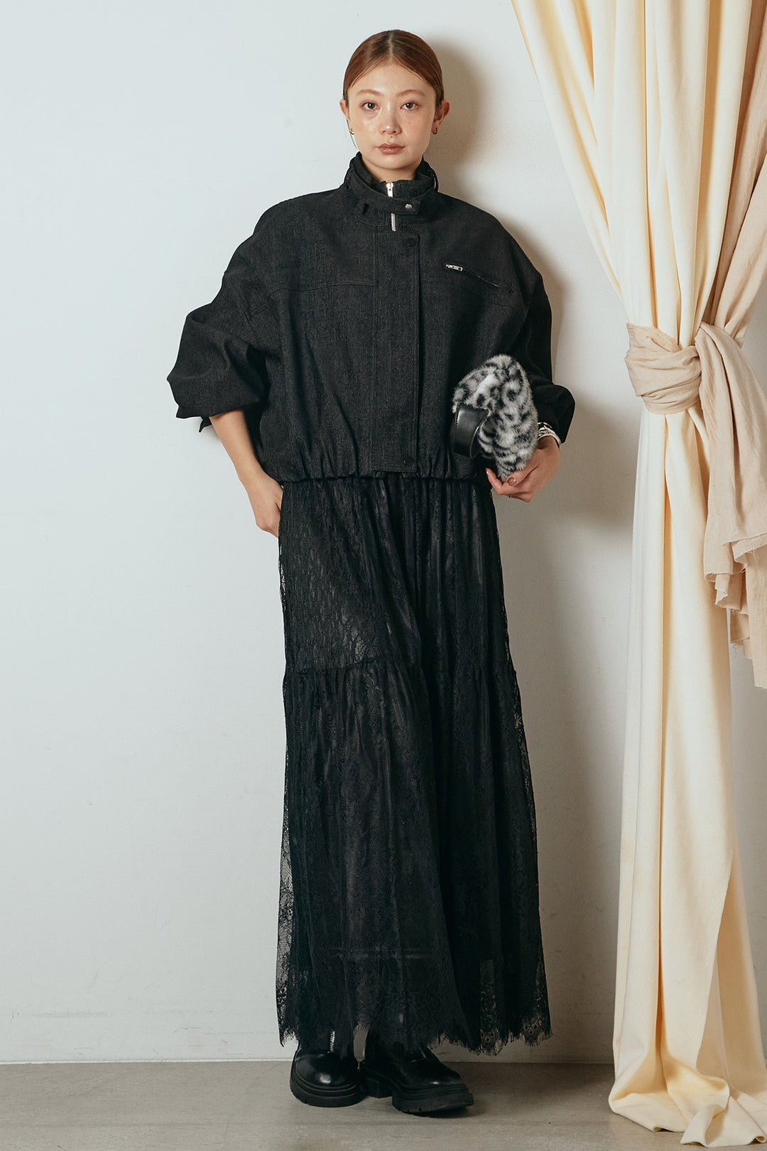 [SET]デニム調ハイネックブルゾン+ひげレース切替ロング丈スカート(2set)