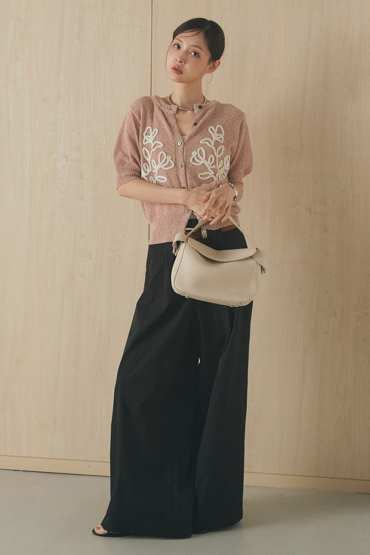 [SET]フロントテープデザイン半袖カーディガン+ベルトループデザインハイウエストタックパンツ(2set)