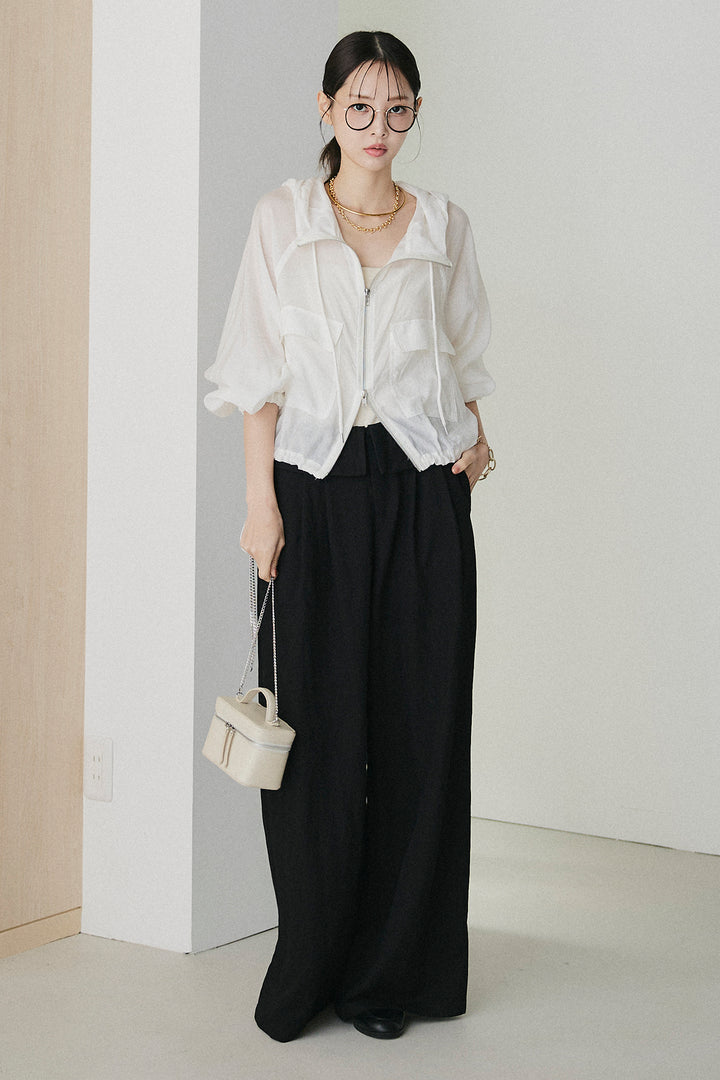 [SET]裾ドロストシアーWジップフーディーブルゾン+ウエスト折り返しワイドパンツ(2set)