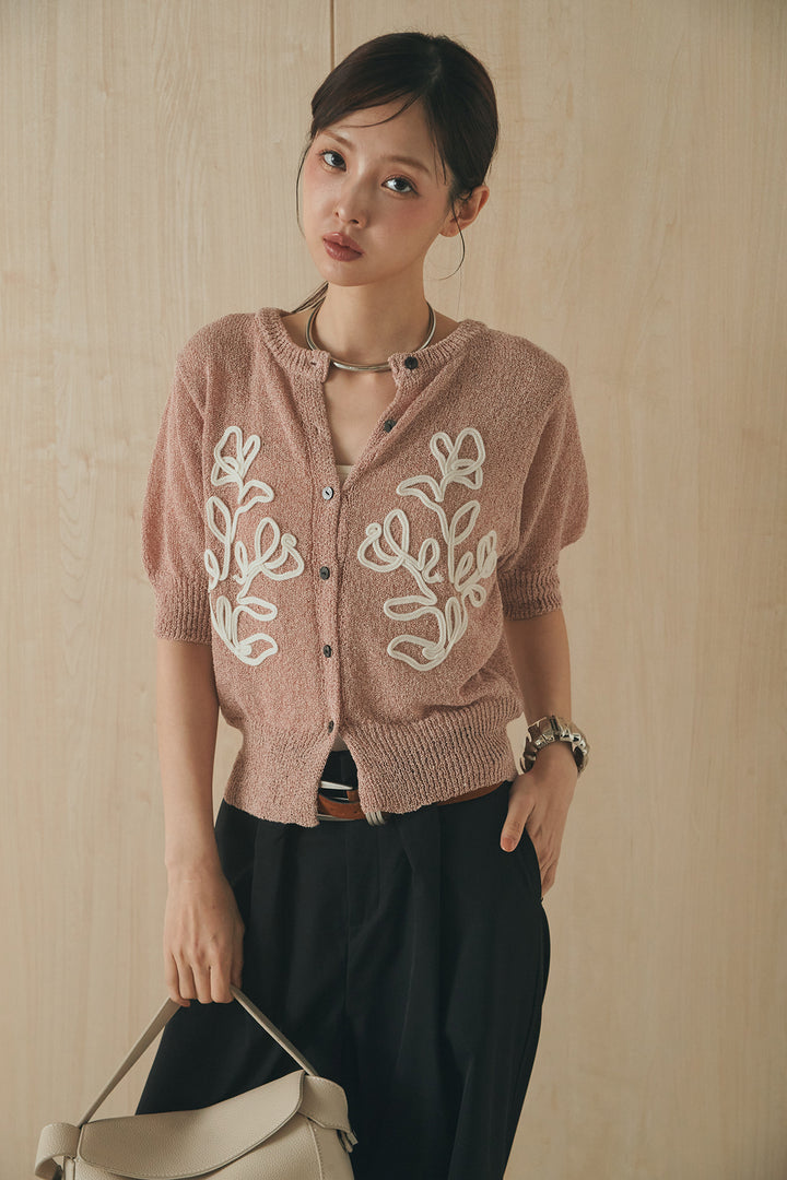 [SET]フロントテープデザイン半袖カーディガン+ベルトループデザインハイウエストタックパンツ(2set)