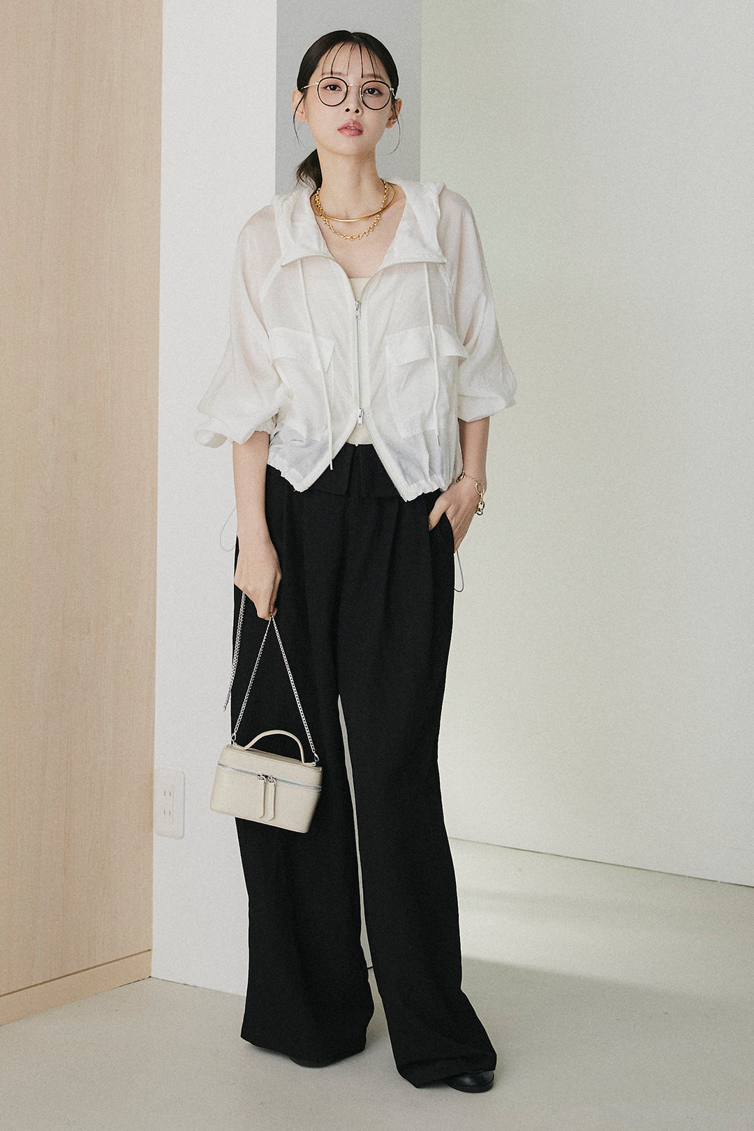 [SET]裾ドロストシアーWジップフーディーブルゾン+ウエスト折り返しワイドパンツ(2set)