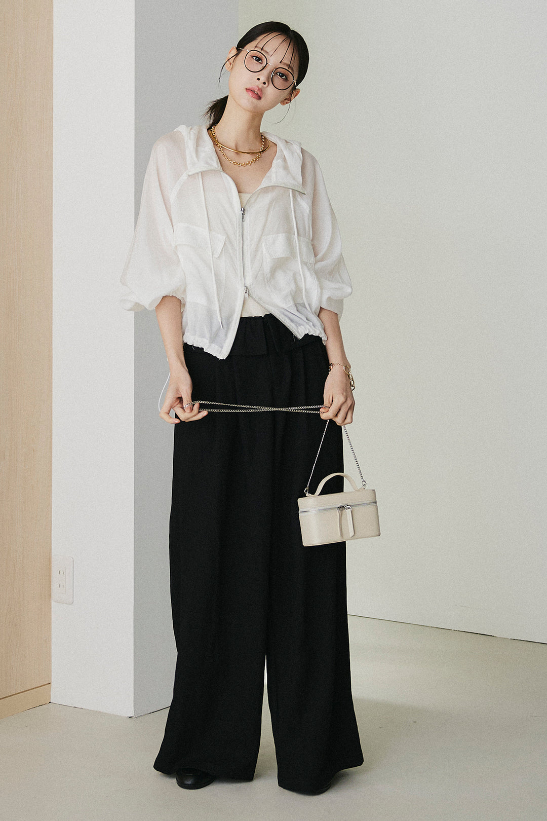 [SET]裾ドロストシアーWジップフーディーブルゾン+ウエスト折り返しワイドパンツ(2set)