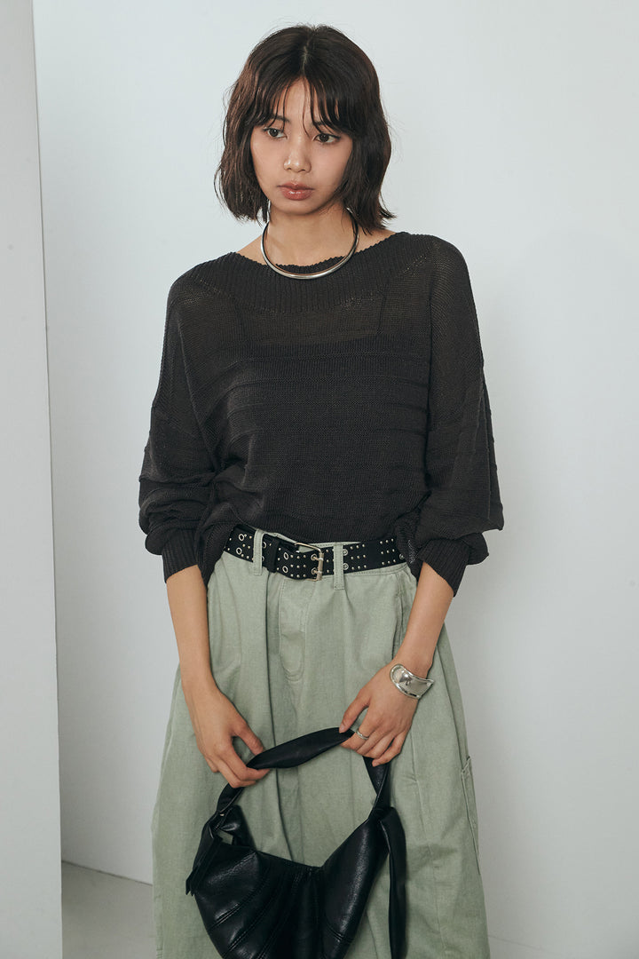 [SET]麻混リラックスニットトップス+ベルト付きカラーデニムパンツ(2set)