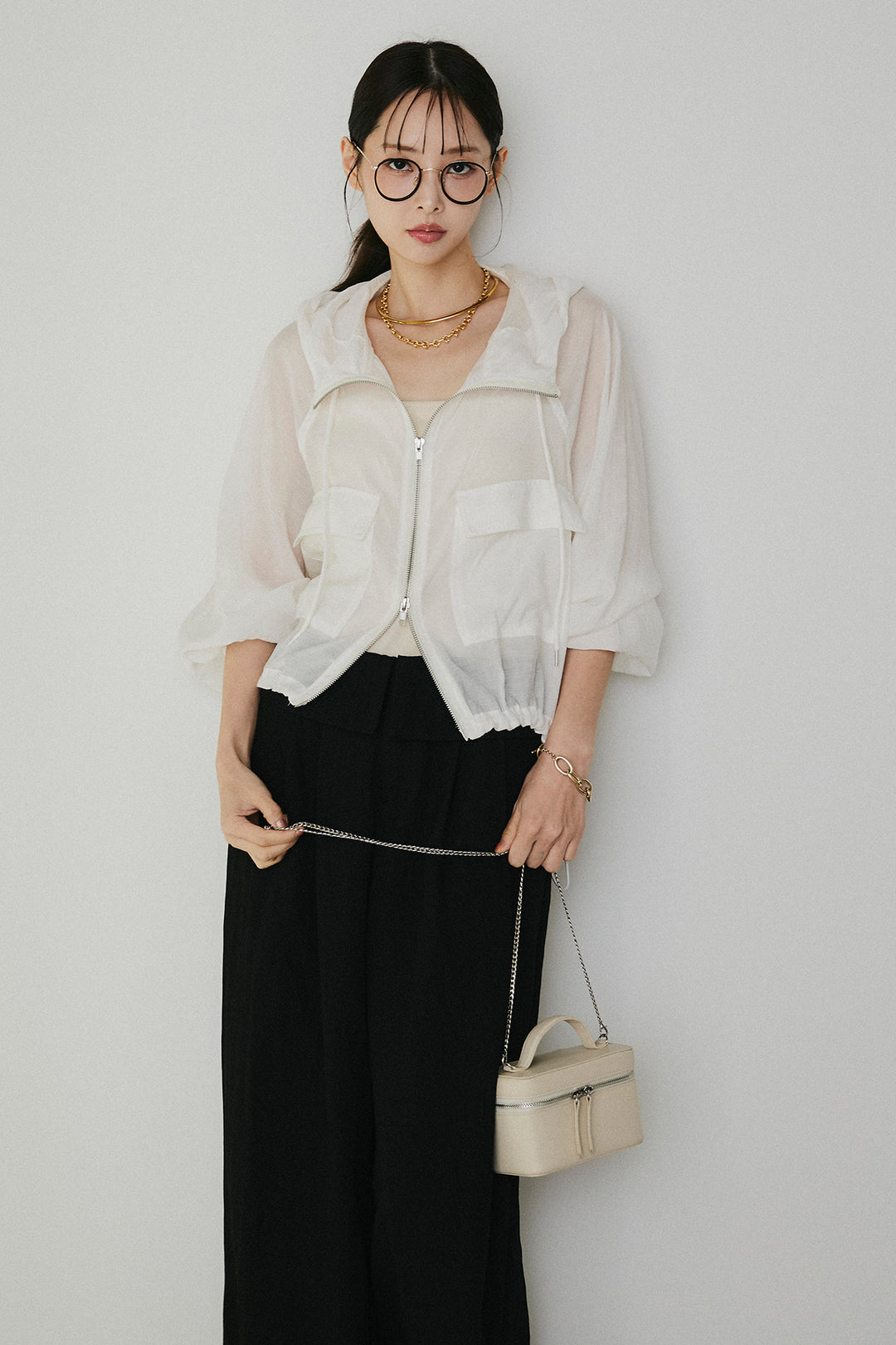 [SET]裾ドロストシアーWジップフーディーブルゾン+ウエスト折り返しワイドパンツ(2set)