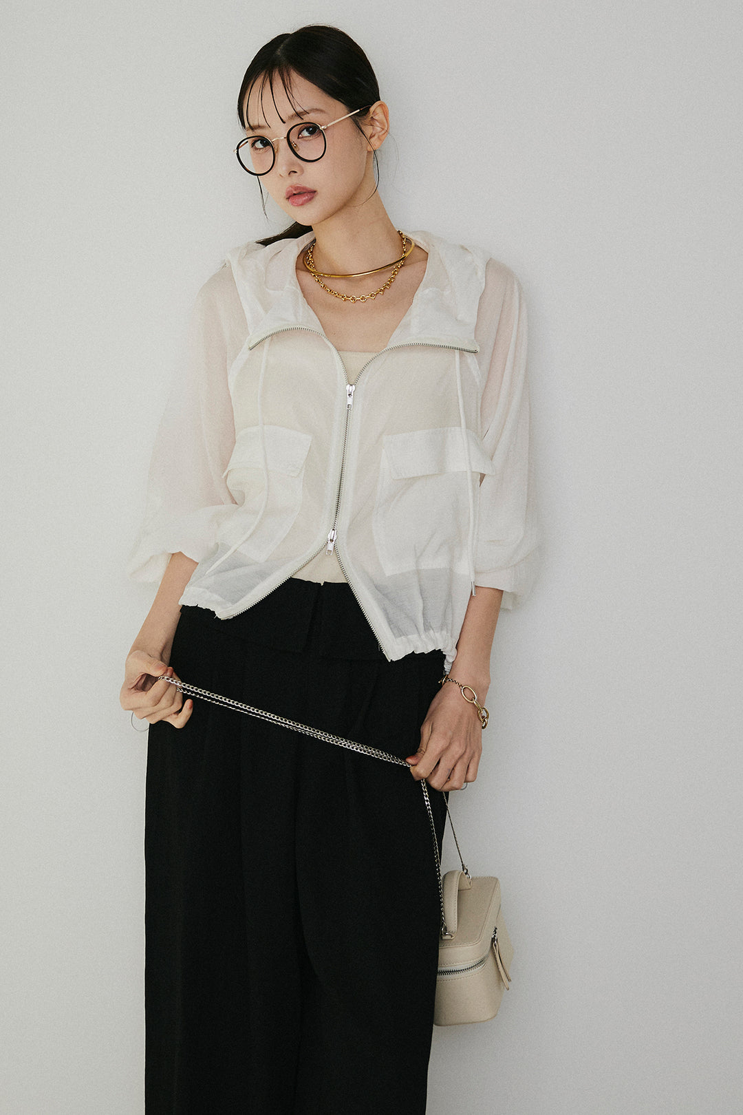 [SET]裾ドロストシアーWジップフーディーブルゾン+ウエスト折り返しワイドパンツ(2set)