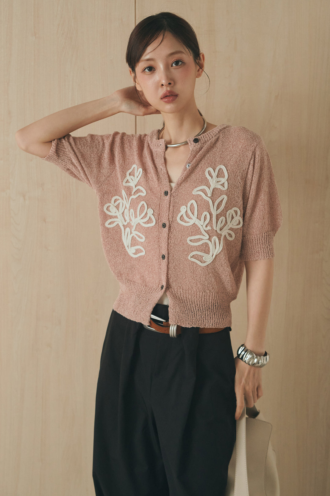 [SET]フロントテープデザイン半袖カーディガン+ベルトループデザインハイウエストタックパンツ(2set)