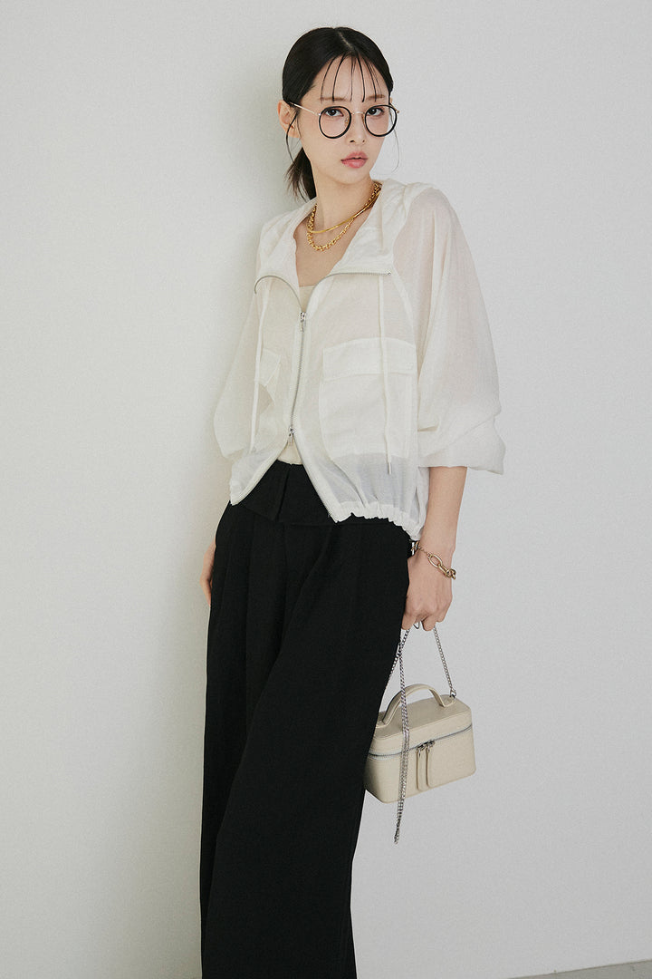 [SET]裾ドロストシアーWジップフーディーブルゾン+ウエスト折り返しワイドパンツ(2set)