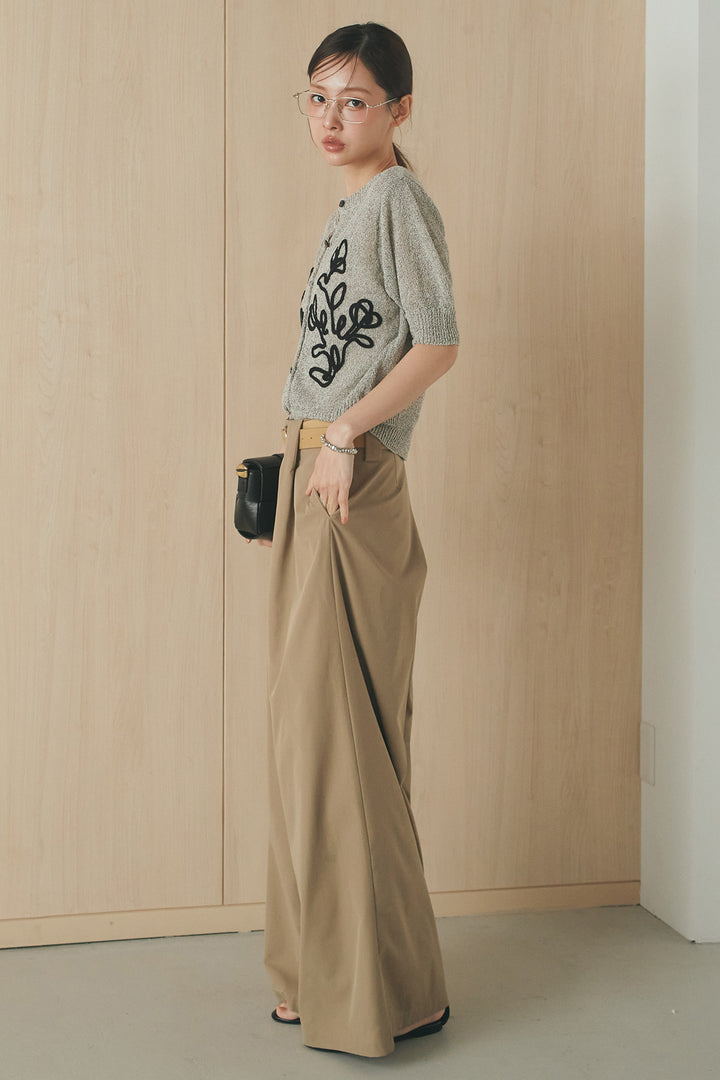 [SET]フロントテープデザイン半袖カーディガン+ベルトループデザインハイウエストタックパンツ(2set)