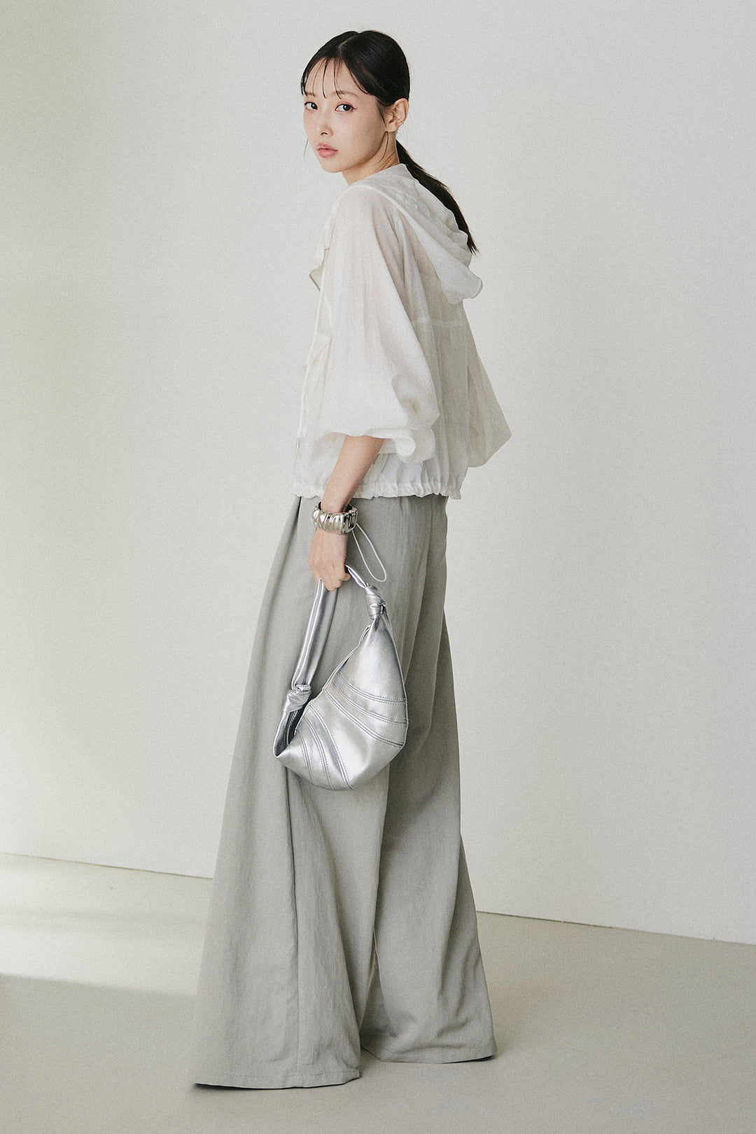 [SET]裾ドロストシアーWジップフーディーブルゾン+ウエスト折り返しワイドパンツ(2set)