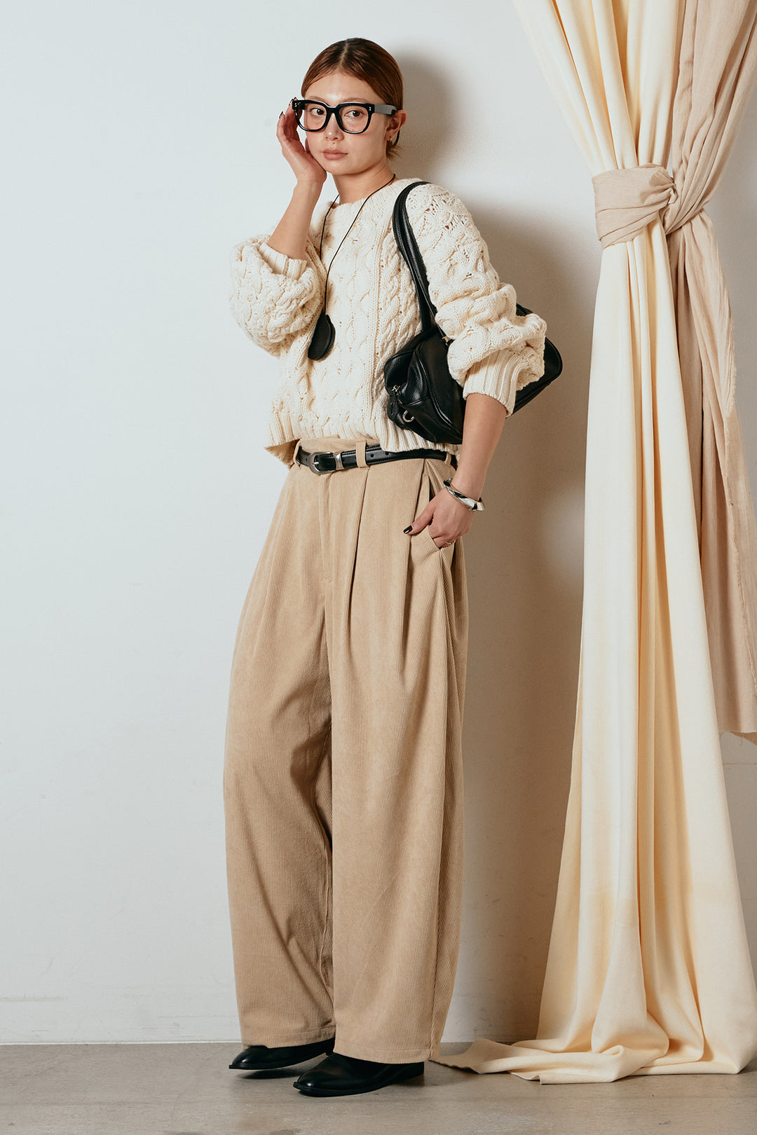 [SET]バルキーケーブルプルオーバー+コーデュロイサイドタックコクーンパンツ(2set)