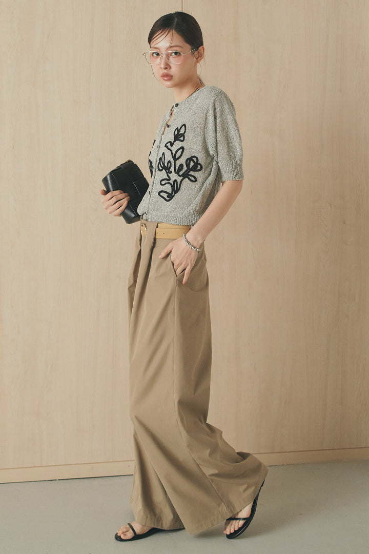 [SET]フロントテープデザイン半袖カーディガン+ベルトループデザインハイウエストタックパンツ(2set)