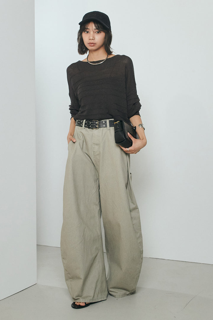 [SET]麻混リラックスニットトップス+ベルト付きカラーデニムパンツ(2set)