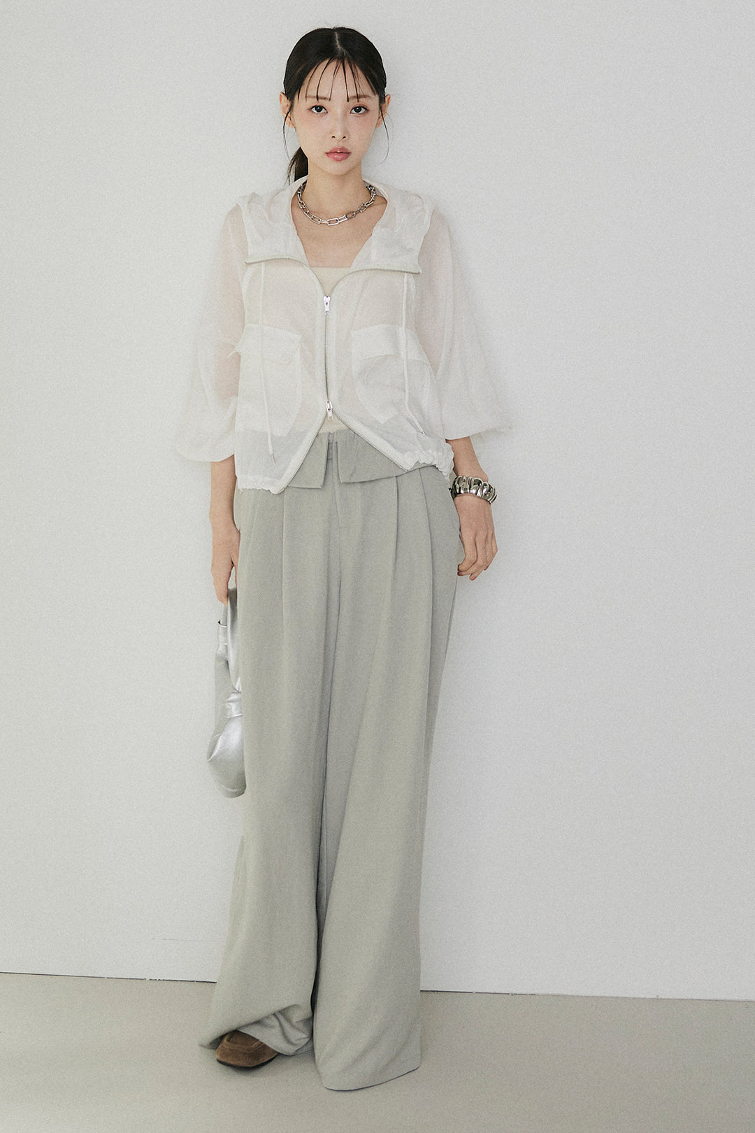 [SET]裾ドロストシアーWジップフーディーブルゾン+ウエスト折り返しワイドパンツ(2set)