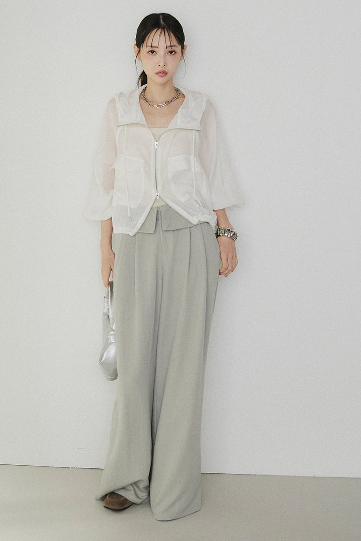 [SET]裾ドロストシアーWジップフーディーブルゾン+ウエスト折り返しワイドパンツ(2set)