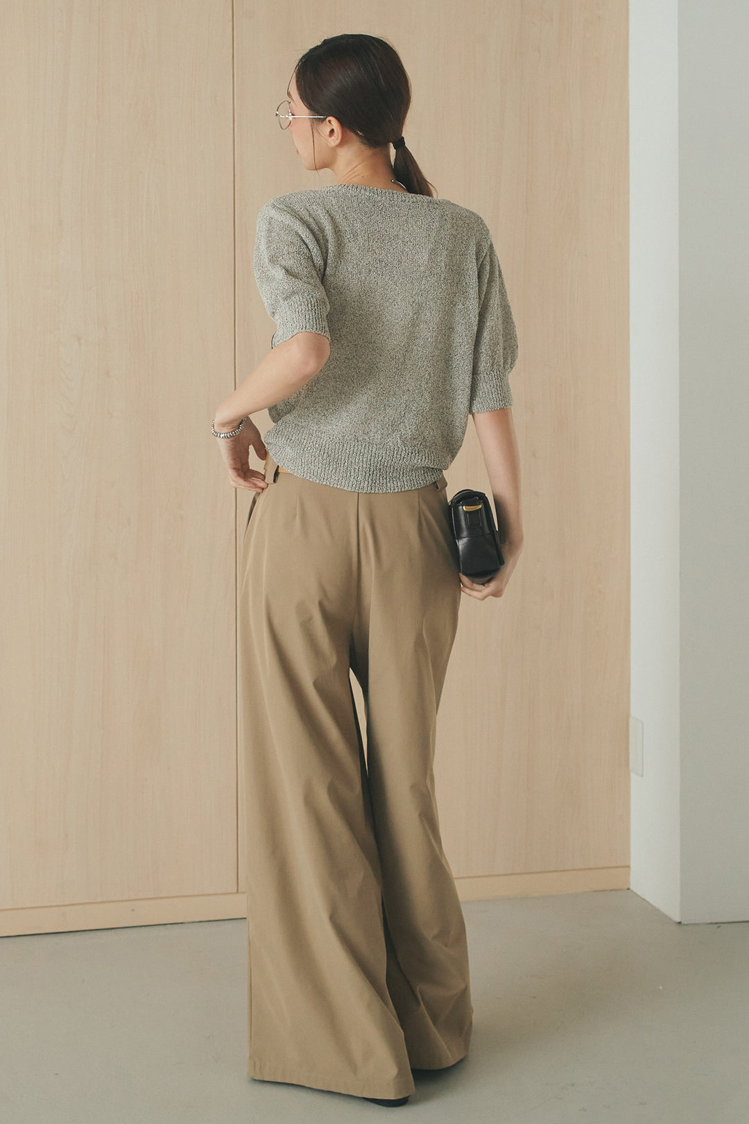 [SET]フロントテープデザイン半袖カーディガン+ベルトループデザインハイウエストタックパンツ(2set)