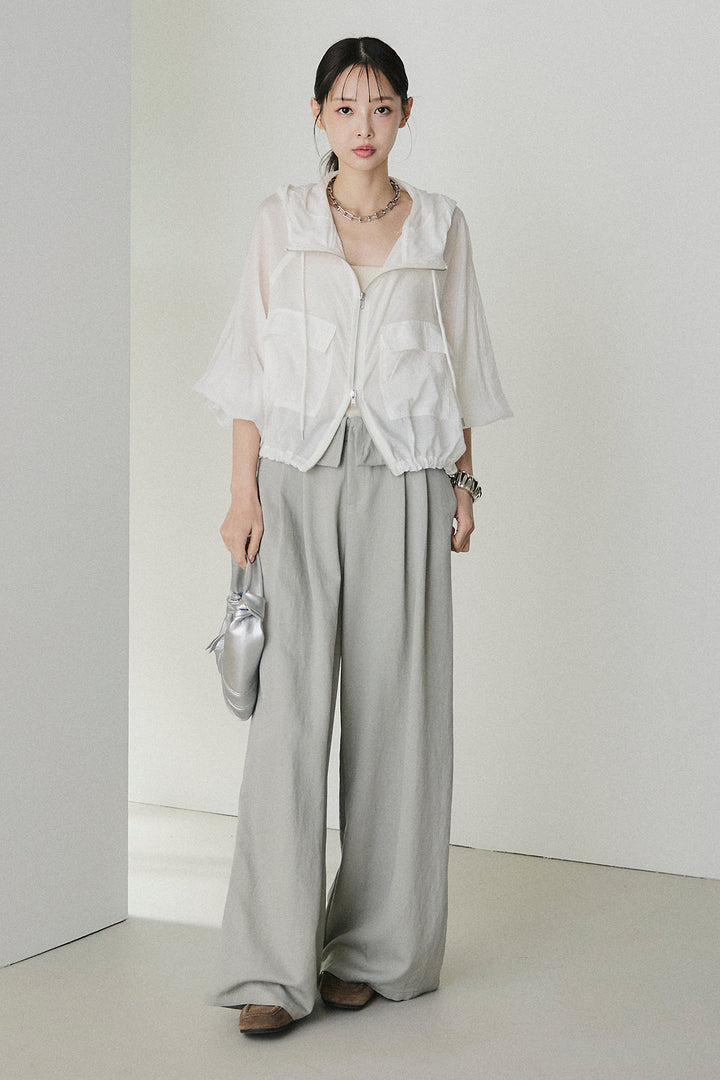 [SET]裾ドロストシアーWジップフーディーブルゾン+ウエスト折り返しワイドパンツ(2set)