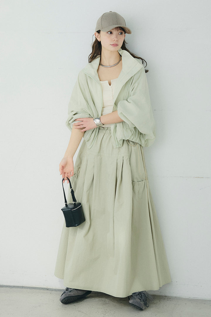 [SET]スタンドネックシアーブルゾン+ナイロンデザインフレアスカート(2set)