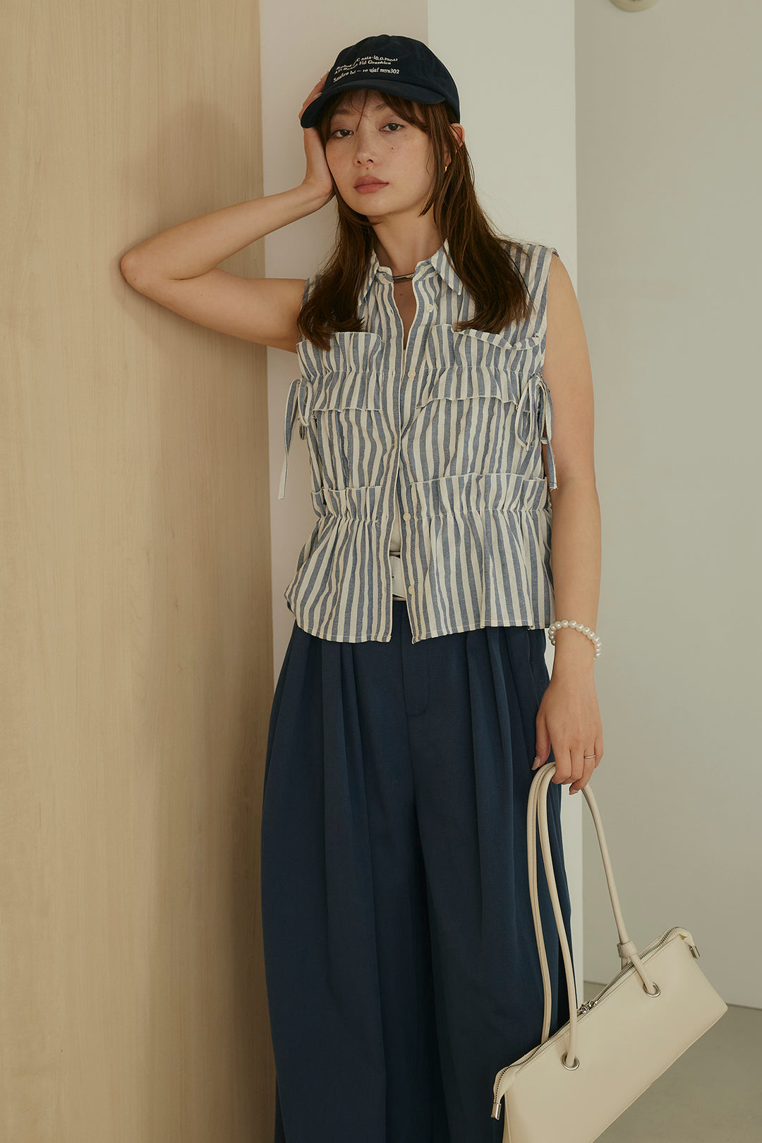 [SET]ノースリフロントフリルブラウス+ベルト付きビックループワイドパンツ(2set)