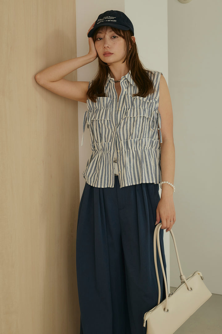 [SET]ノースリフロントフリルブラウス+ベルト付きビックループワイドパンツ(2set)
