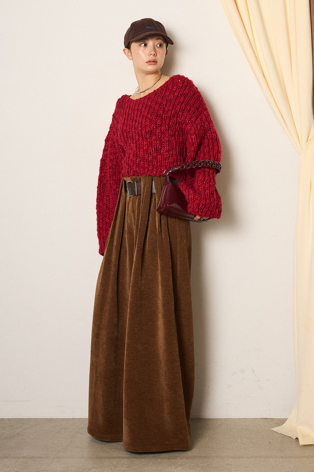 [SET]チャンキースラブニットクロップドプルオーバー+ベルトループコーデュロイワイドパンツ(2set)