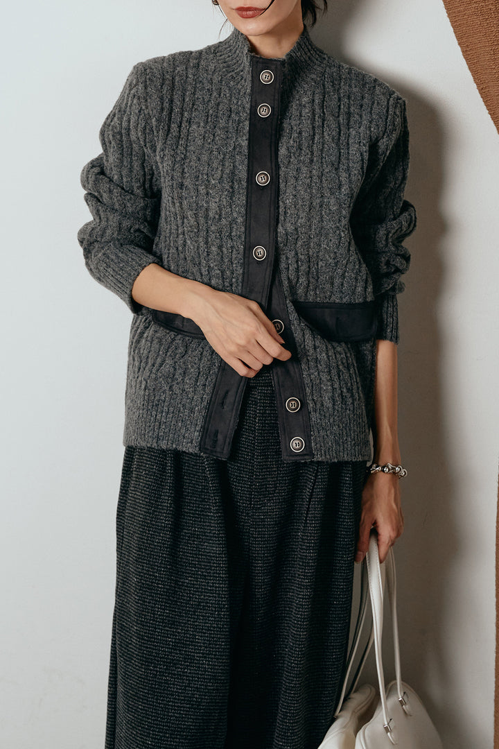 [SET]ボトルネックケーブルニットカーディガン+起毛タック入りツイードワイドパンツ(2set)