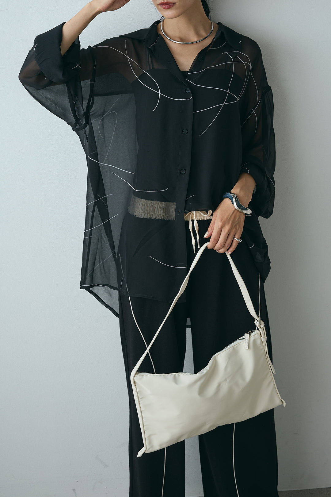 [SET]ニュアンスライン柄シアーシャツ+裏毛カーブラインワイドパンツ(2set)
