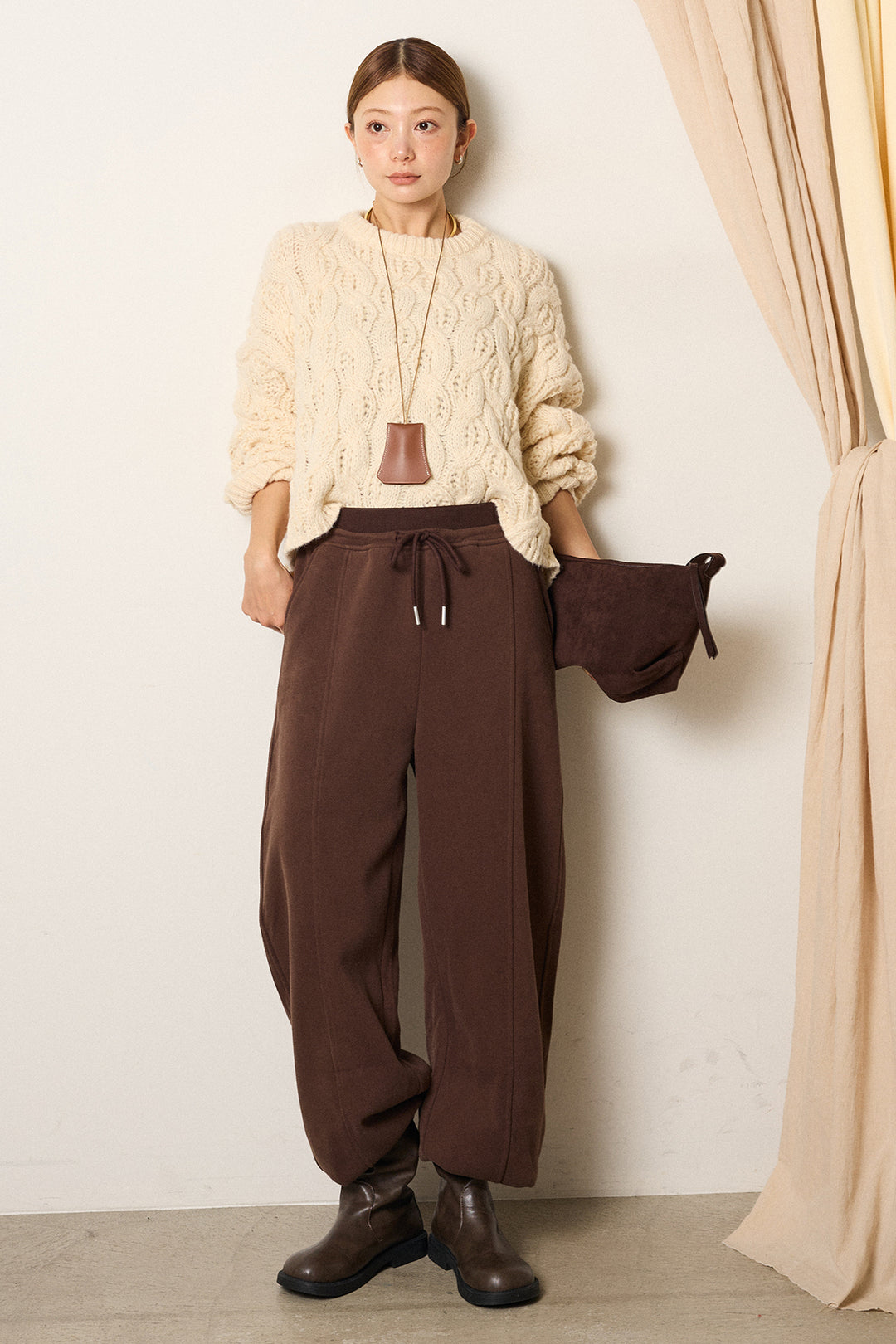 [SET]ケーブルリラックスショートニット+スウェットワイドカーブパンツ(2set)