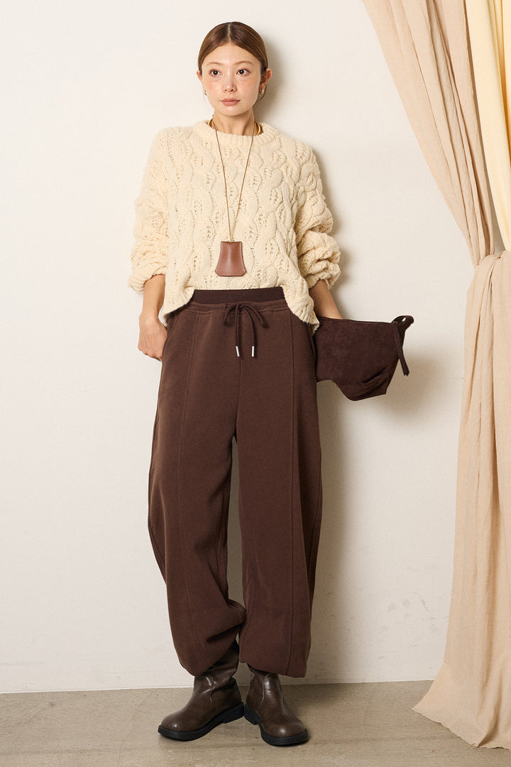 [SET]ケーブルリラックスショートニット+スウェットワイドカーブパンツ(2set)