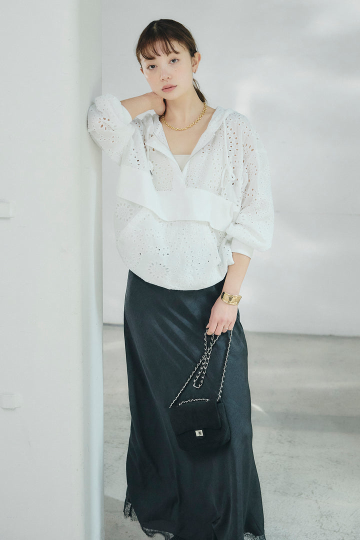 [SET]レースハーフジップアップフーディー+バイアスナローサテンスカート(2set)