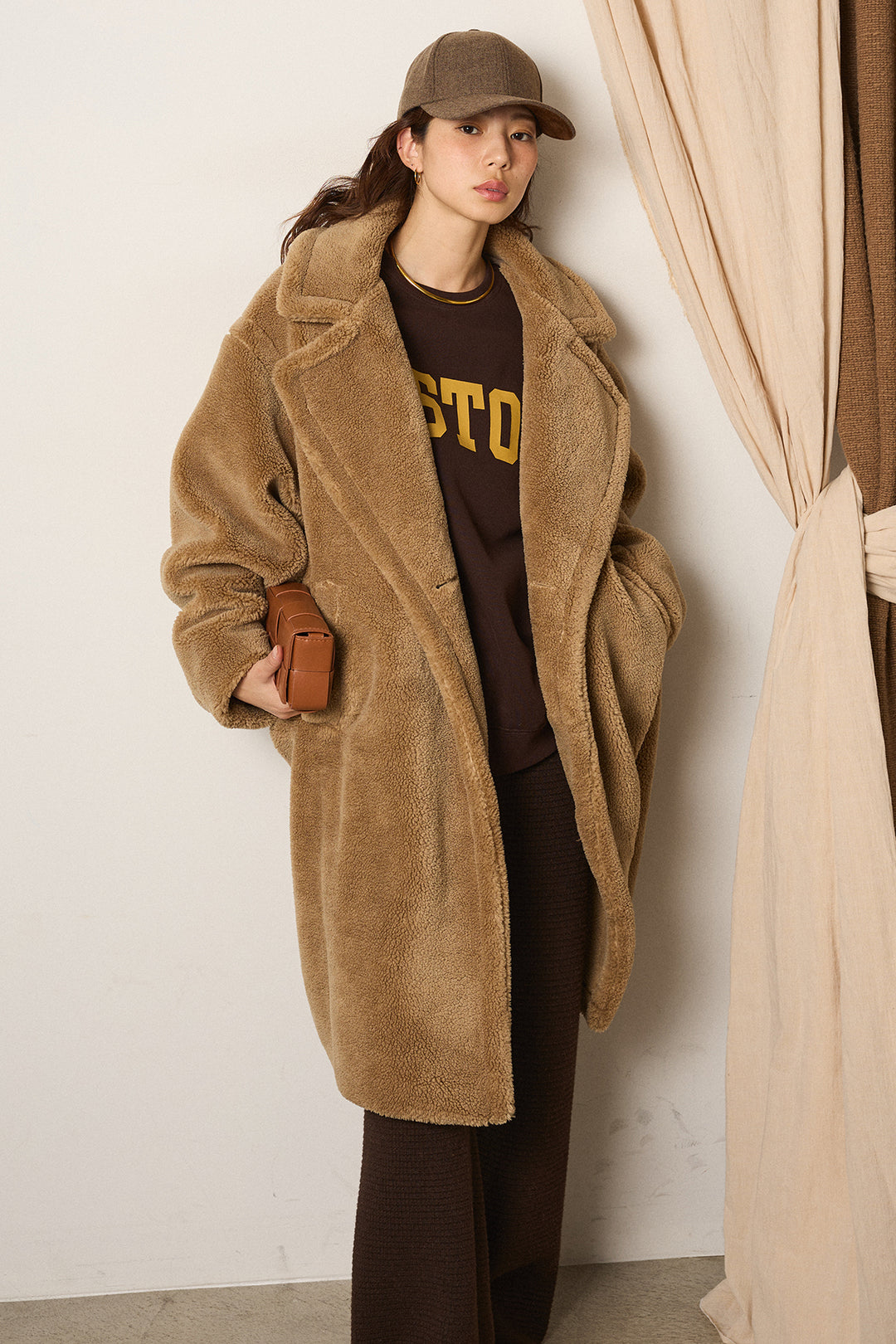 [SET]テディボアロングコート+ロゴデザインルーズスウェット+ワイドリブニットイージーパンツ(3set)