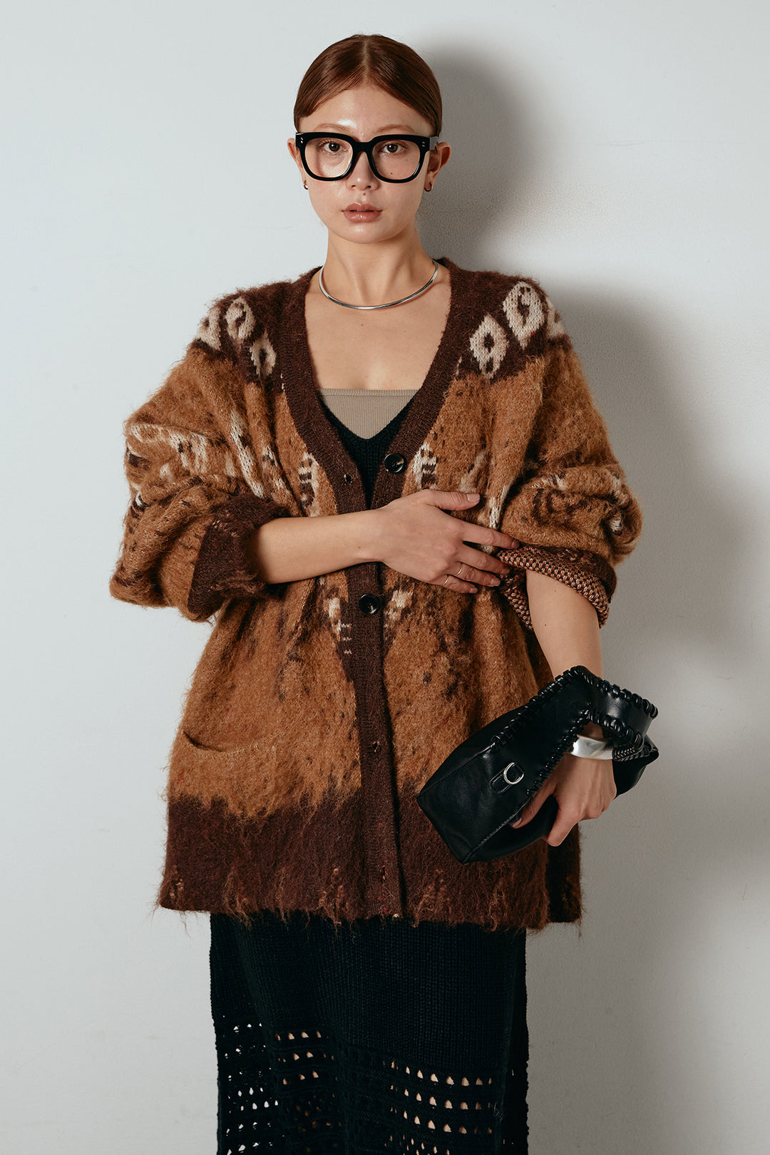 [SET]シャギーニュアンス柄ニットカーディガン+裾透かし編みキャミソールニットワンピース(2set)