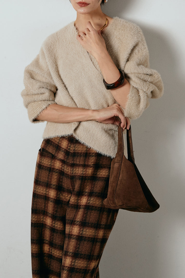 [SET]シャギーカシュクールニットトップス+ルーズタータンチェックワイドパンツ(2set)