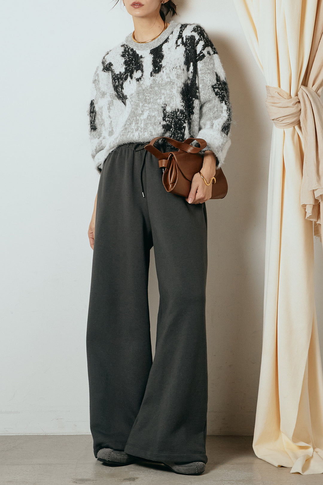 [SET]起毛ニュアンス柄ニットプルオーバー+裏起毛スウェットワイドパンツ(2set)