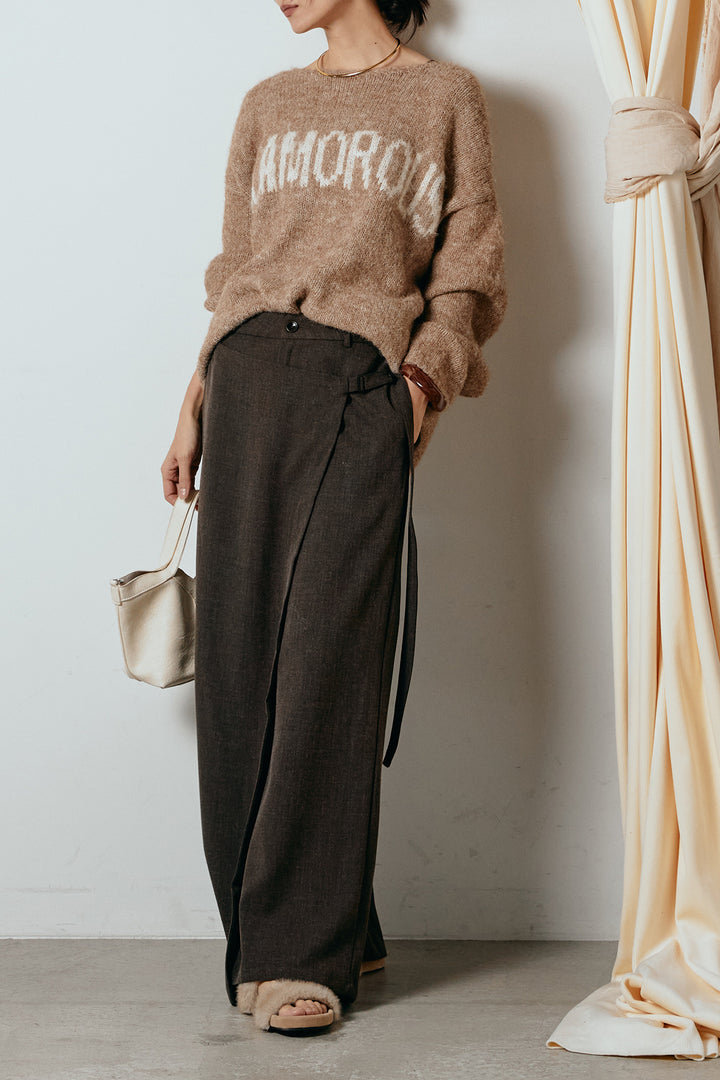 [SET]フロントロゴデザインニットトップス+ラップ巻きワイドスラックス(2set)