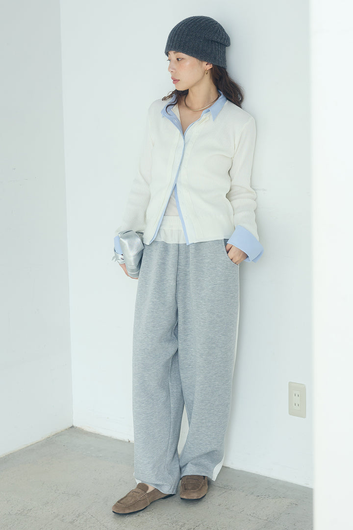 [SET]シャツドッキングボタンニットカーディガン+異素材切り替えスウェットパンツ(2set)