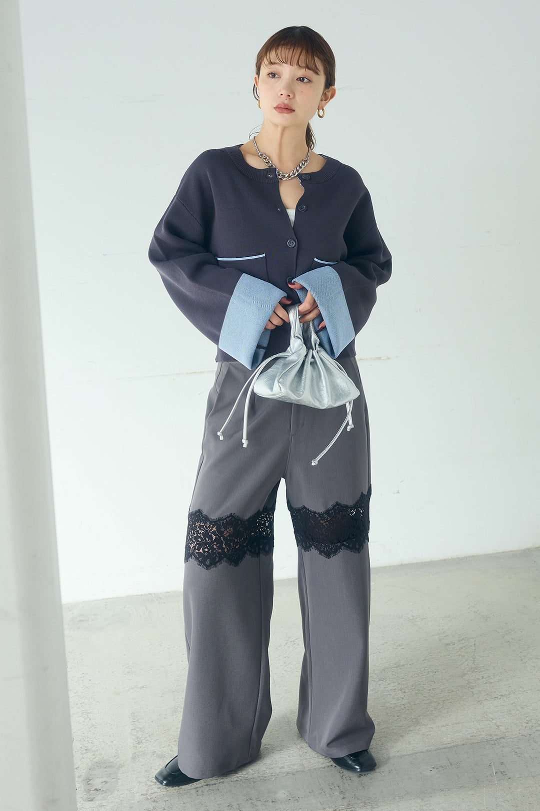 [SET]レーヨンポリダブルフェイスカーディガン+レース刺繍切替ワイドパンツ(2set)