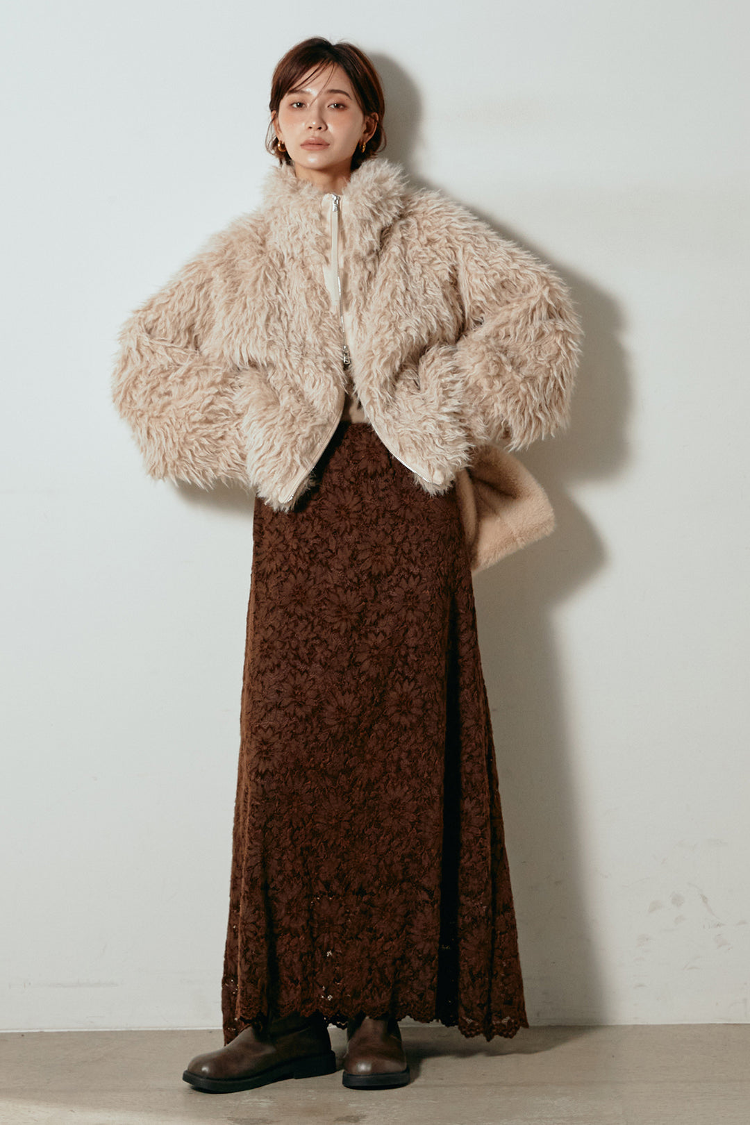 【着回しセット】[SET]ミックスシープファースタンドブルゾン+花柄刺繍ベロアフレアスカート+フェイクウールタックトラウザーズパンツ(3set)