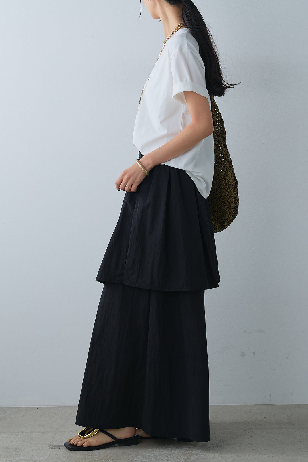 [SET]PARISフォトTシャツ+タックスカートドッキングフレアパンツ(2set)