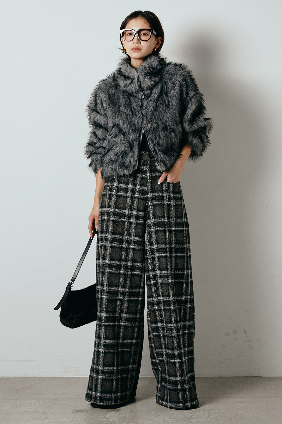 [SET]エコファーショート丈ブルゾン+ルーズタータンチェックワイドパンツ(2set)