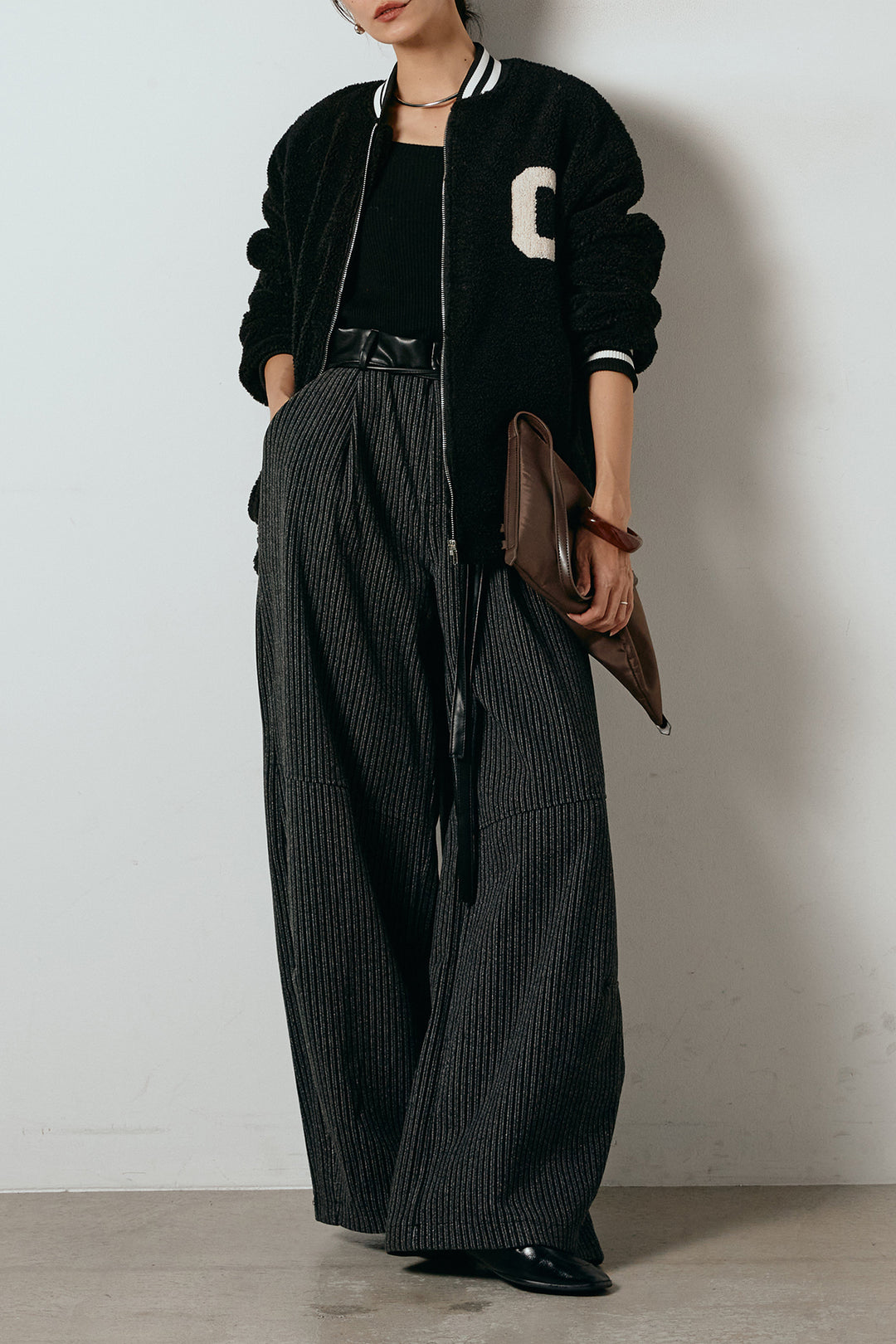 [SET]ロゴスタジャンボアブルゾン+レザーライク配色ストライプパンツ(2set)