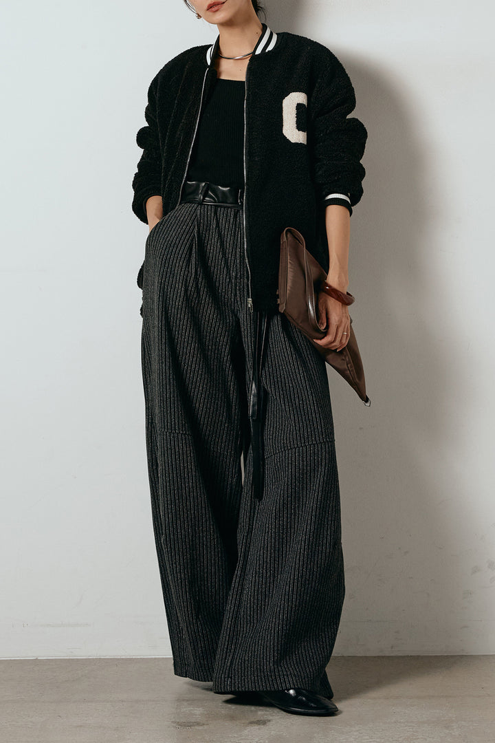 [SET]ロゴスタジャンボアブルゾン+レザーライク配色ストライプパンツ(2set)